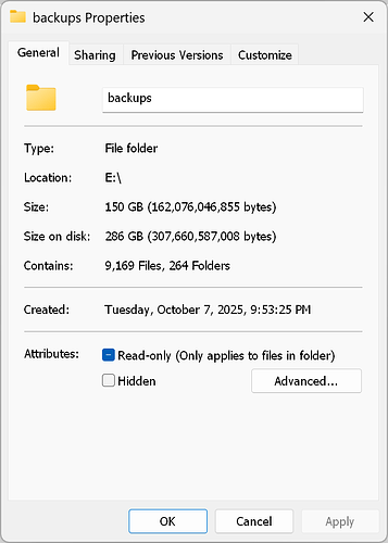 Screenshot of properties of backup target directory