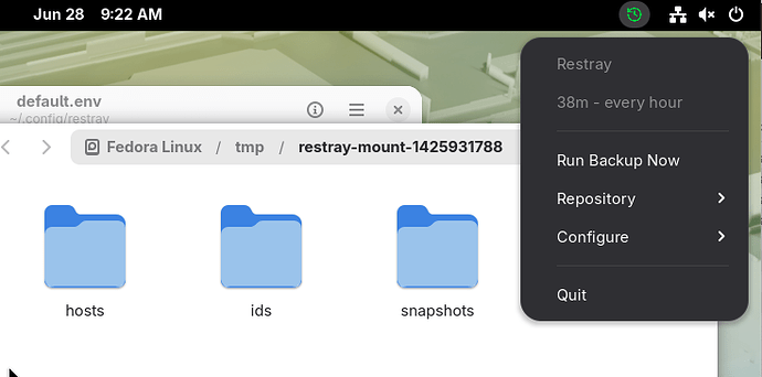 A screenshot of restray's tray menu on Linux