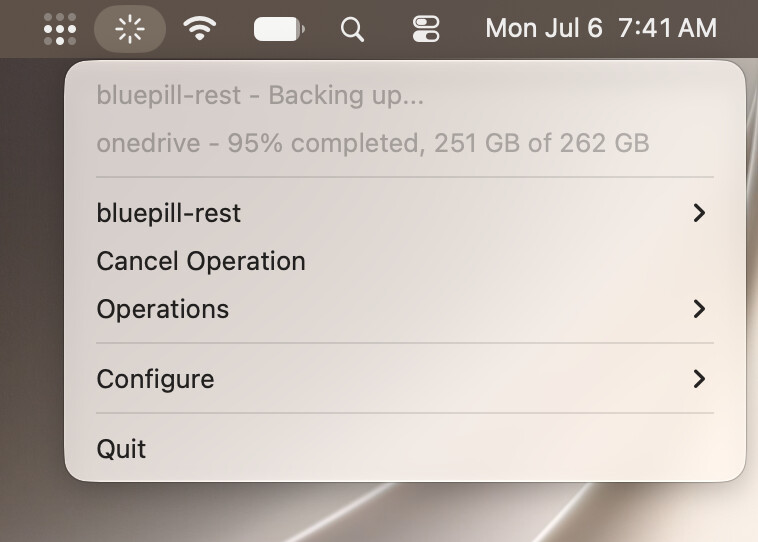 A screenshot of restray's tray menu on MacOS